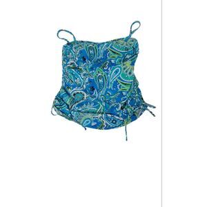 Lands End Womens SZ 12 Swim Tankini Top Cinched Tie No Wire Bra Blue Paisley